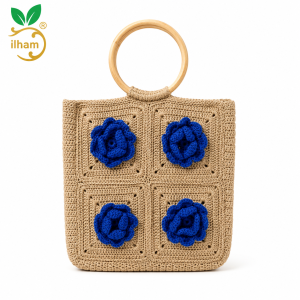 ilham Handmade Blue Rose Jute Crochet Handbag – Bamboo Handle