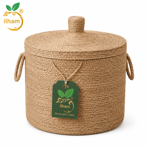 ilham Handmade Cylindrical Jute Storage Basket with Lid – Artisan Home
