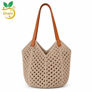 ilham Handmade Open-Weave Crochet Tote Bag – Tan Leather Edition